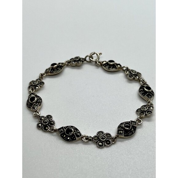 925 STERLING SILVER AGATE & MARCASITE BRACELET - Picture 1 of 10